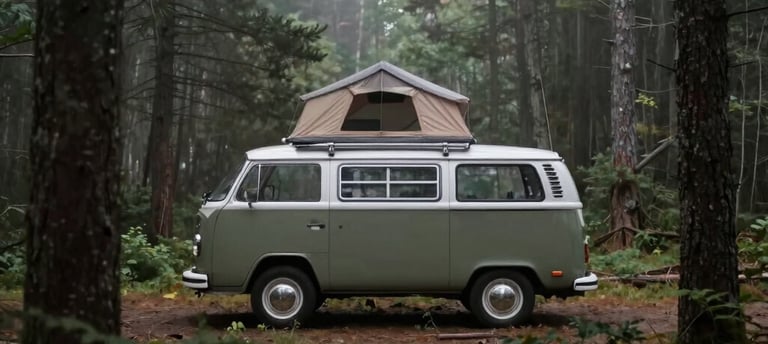 A split window Volkswagen camper van set in the distance of the deep woods.  The 