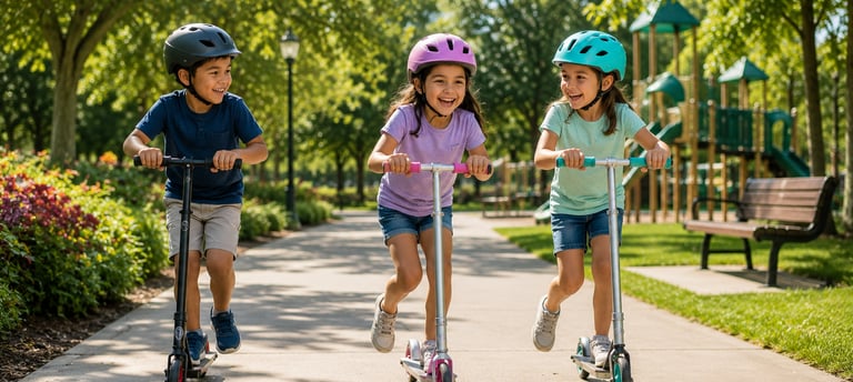Children riding scooters through the park.
