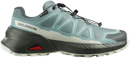 A blue Salomon Gore-Tex trail running shoe with black soles and quick-lace system.