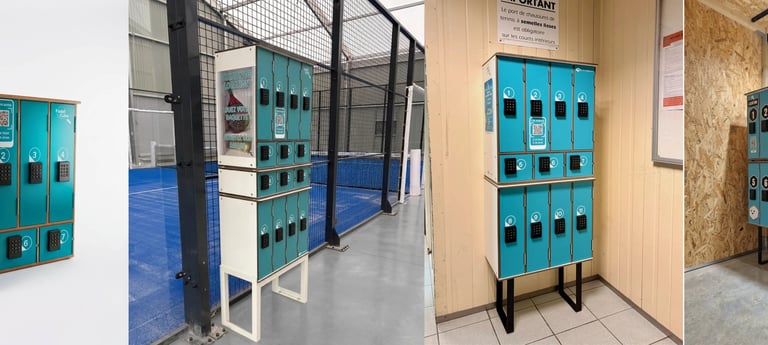 Smart turquoise padel lockers with digital keypads for secure racket rental and equipment storage at sports clubs.