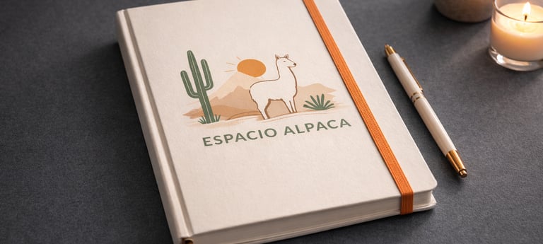 Minimalist Espacio Alpaca journal with cactus illustration, white pen, and lit candle on a dark desk.