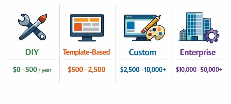 Website pricing tiers from DIY ($0-500) to enterprise ($10k-50k+)