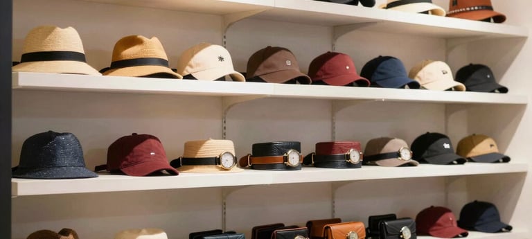 Variedade de acessórios masculinos e femininos: bonés, óculos, relógios, cintos e carteiras, dispostos em vitrine de loja, iluminação clara