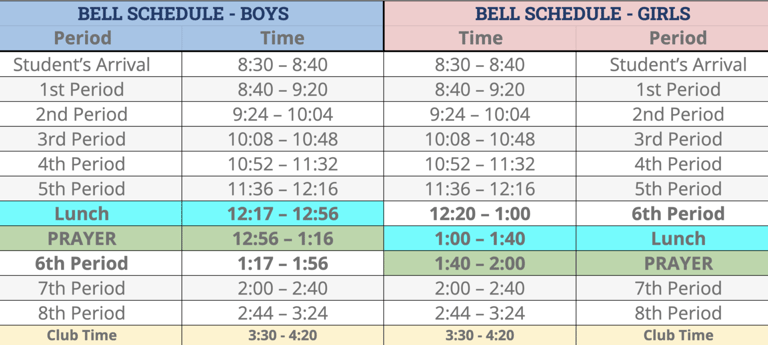 a table with a list of school days and school days