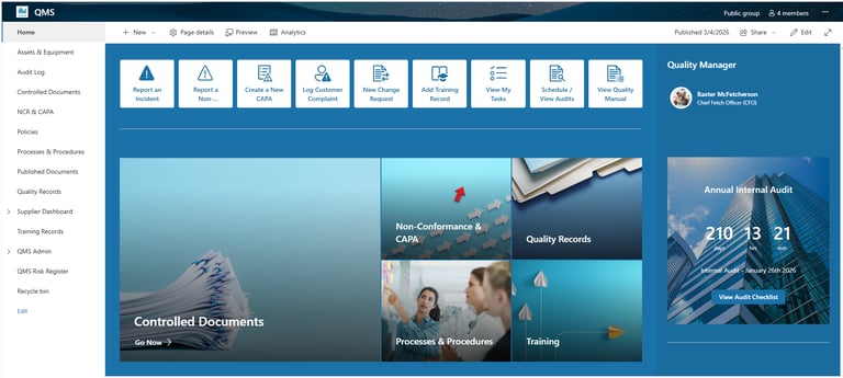SharePoint QMS dashboard with document control, CAPAs, training, and audit tracking