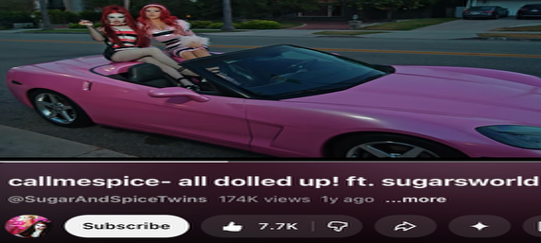 Screenshot of Sugar and Spice Twins music video on YouTube, featuring Edwina's Corvette. 