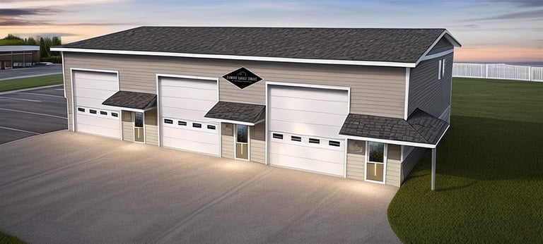Diamond Garage Condos rendering showing garage doors & pedestrian doors