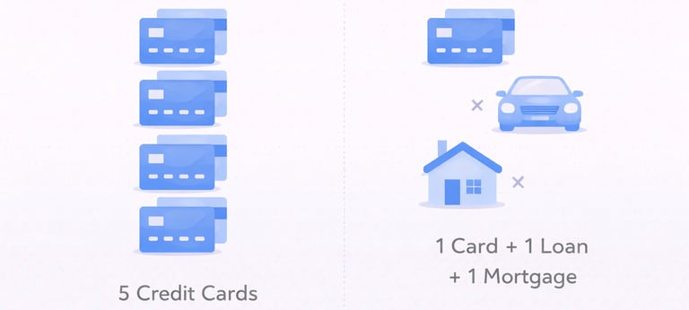 credit mix versus number of accounts diagram showing multiple credit cards compared to diverse accou