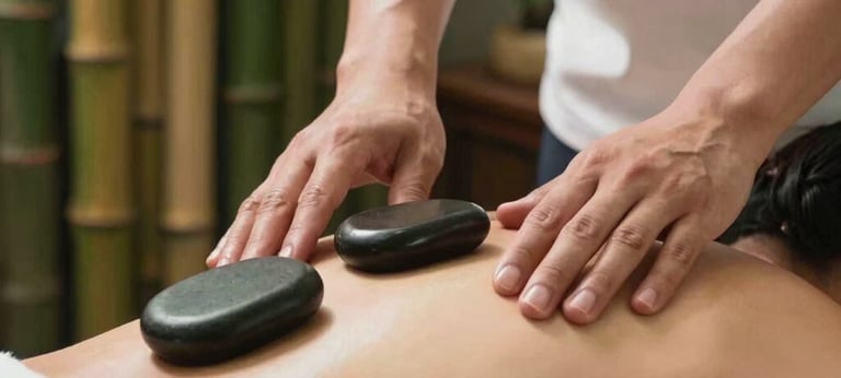 Close-up photography of a professional massage therapist's hands placing smooth warm stones on a customer's back during a spa session. Set in a serene Southeast Asian / Indonesian wellness center with soft lighting, natural textures, and a background of green bamboo stalks.