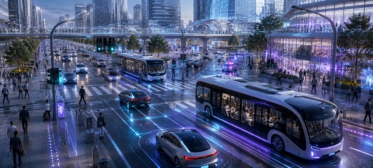 A futuristic smart city street with autonomous electric buses and cars navigating a high-tech intersection.