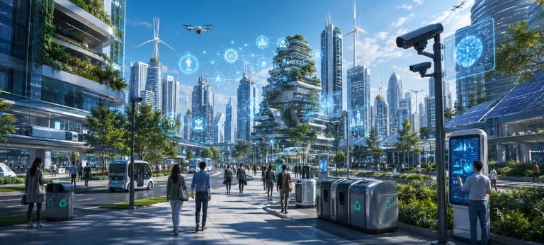 AI-powered smart city using intelligent infrastructure, renewable energy, environmental monitoring,
