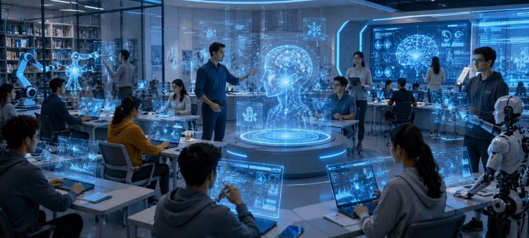 Engineers and researchers in a high-tech lab working on artificial intelligence with 3D holograms.