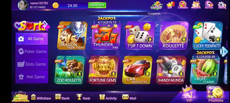 7f777 Game home Screen with all games.