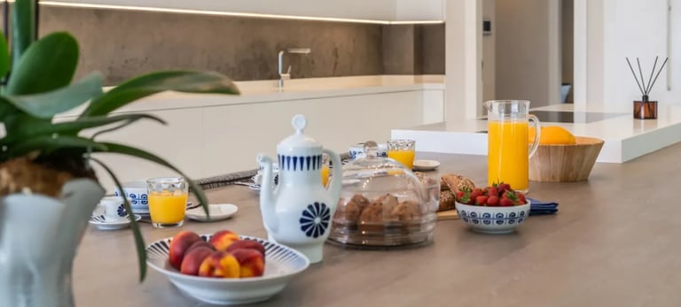 Kitchen counter with breakfast at Villa Serenity