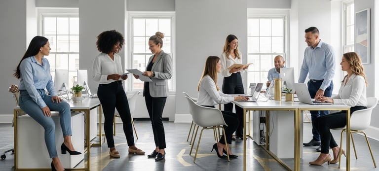 team of real estate agents collaborating in brokerage office