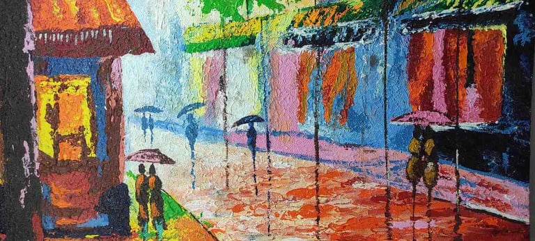 Romantic handmade painting of a couple walking with umbrellas under glowing street lights-Export-standard"