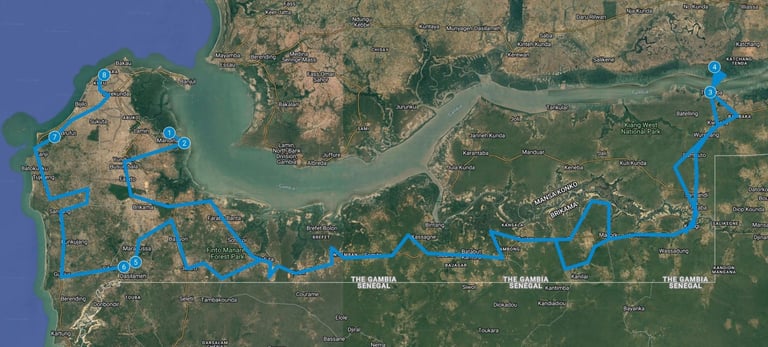 Route map Gambia: 8-day bird photography tour – Alternative route