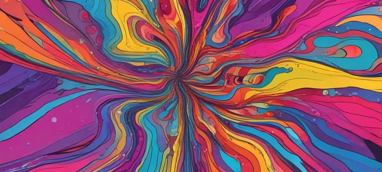 A surreal and vibrant landscape with tall trees lining a dirt path. The foliage is depicted in a psychedelic style with purple and yellow hues contrasting against a deep blue sky.