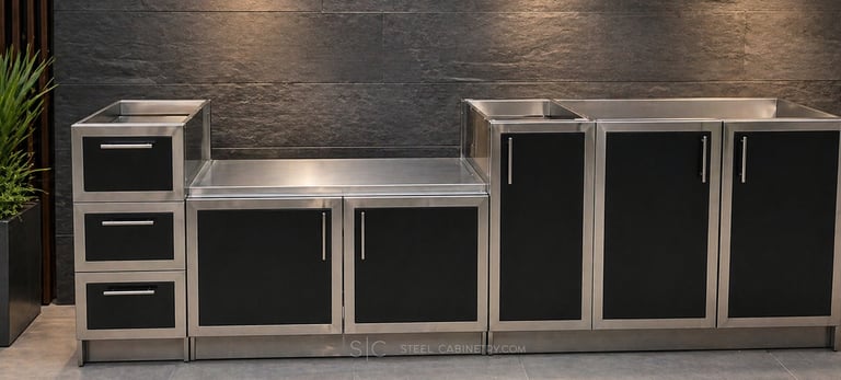 Outdoor stainless steel cabinetry with black powder-coated cabinet panels