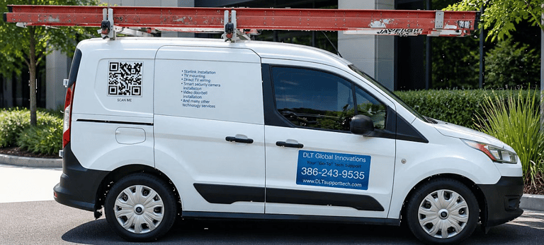 White DLT service van with roof ladder for Starlink and smart security camera installation.