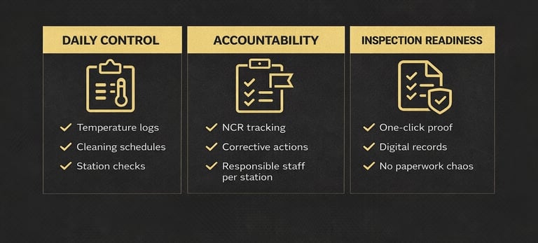 Kitchen control system for restaurants showing daily logs, accountability, and inspection readiness