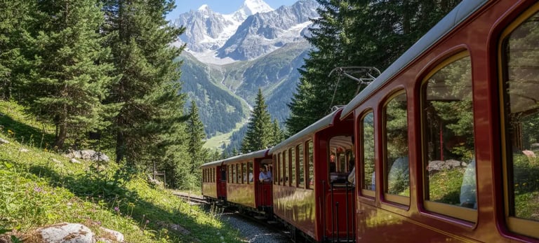 Red Montenvers train winding through pine forest to Mer de Glace.