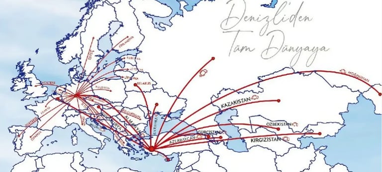 Ersag distribution map showing export routes from Denizli, Turkey to various countries across Europe, Asia, and Mongolia, wit