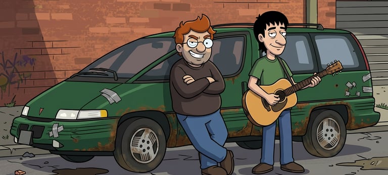 Cartoon of two men standing by a rusty green minivan, one playing an acoustic guitar in an alleyway.