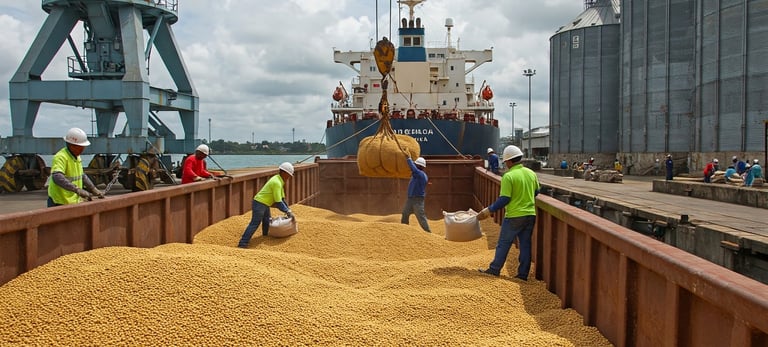 Brazilian soybeans being loaded onto a cargo ship
