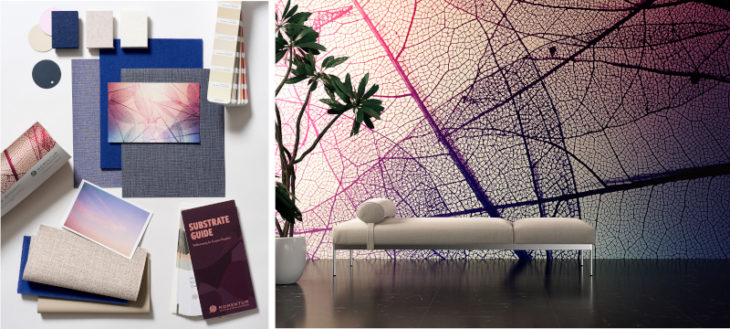 Custom wall covering mood board featuring purple leaf skeleton mural and fabric swatches for interior design.