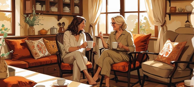 two women sat drinking coffee and smiling