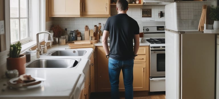 a man standing in a kitchen with a stove top