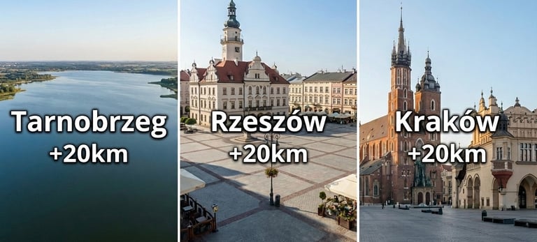 a series of three different pictures of a cities Kraków, Rzeszów and Tarnobrzeg