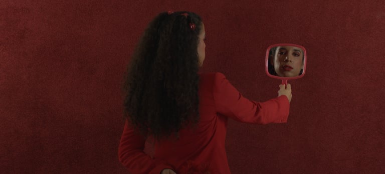 a woman in a red dress is holding a mirror