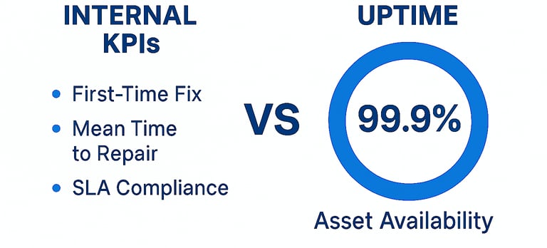 After sales service: internal KPI (first-time-fix, mean-time-to-repair, SLA compliance) vs Uptime