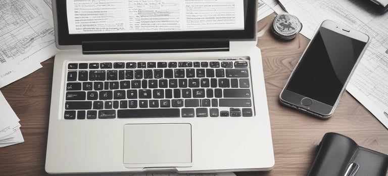 A copy of the book titled 'The 1-Page Marketing Plan' lies on a gray textured surface. The book cover is bright yellow with bold red, white, and green text. Surrounding the book are various small objects: a metallic laptop partially visible on the top left, a pair of white wireless earphones, a blue bookmark with the text 'one more page,' and other small, colorful items.