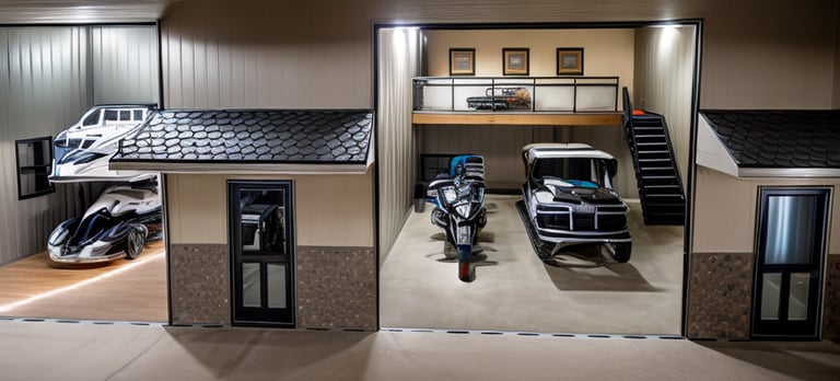 Rendering of side of Diamond Garage Condos with boats and toys inside