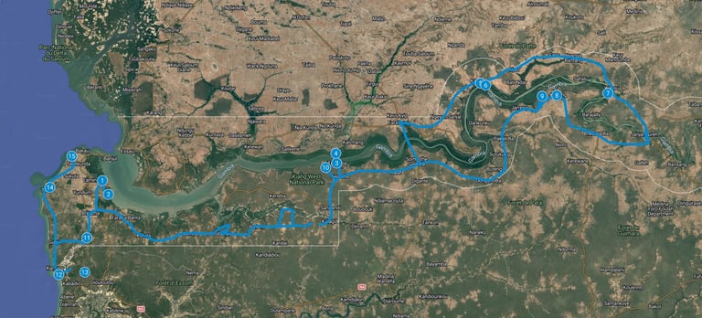 Route map Gambia: 15-Day Bird Photography Tour – Alternative Lodges & Habitats