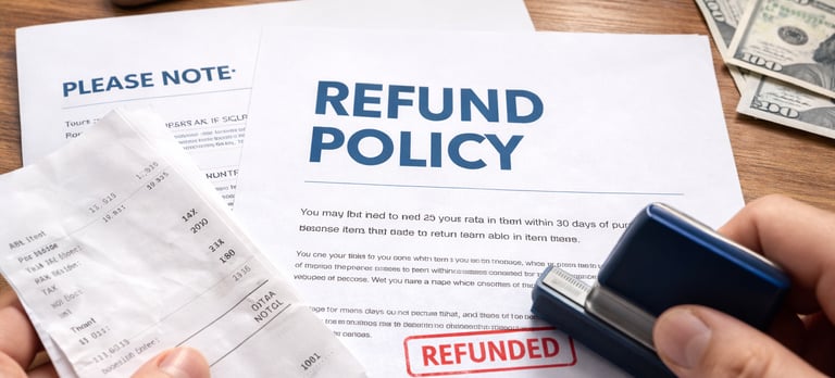 Hand stamping a refund policy document with a red refunded stamp near a receipt and cash.
