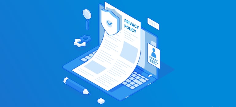 Isometric illustration of a website privacy policy document on a laptop with a security shield icon.