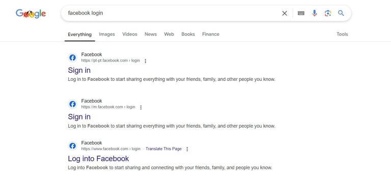 Google search results for 'Facebook login' showing links to the Facebook login page, illustrating navigational search intent.