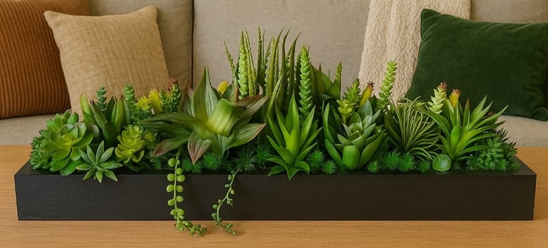a solid wooden black planter with artificial succulent plants in a living room