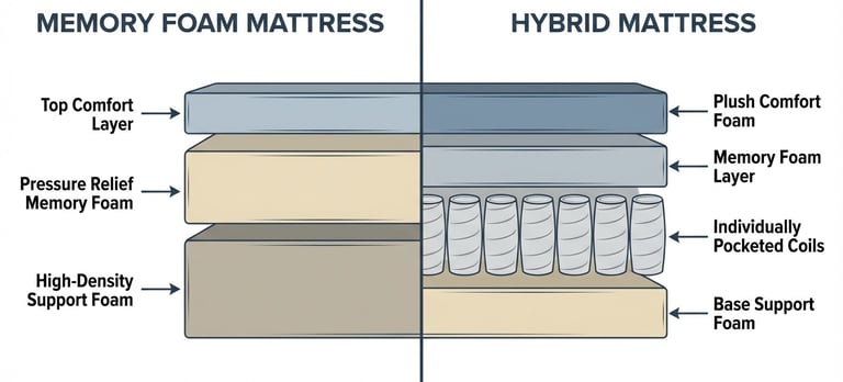 Cross-section comparison of memory foam mattress layers versus hybrid mattress construction with coi