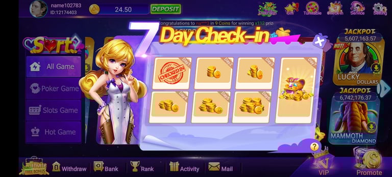 Daily Check in Bonus details of 7F777 Game App.