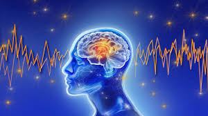 Digital illustration of a human brain with glowing neural activity and brain wave frequency lines.