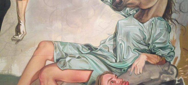 Surreal oil painting featuring a woman with a horse head reclining near two men in a dreamlike setting.
