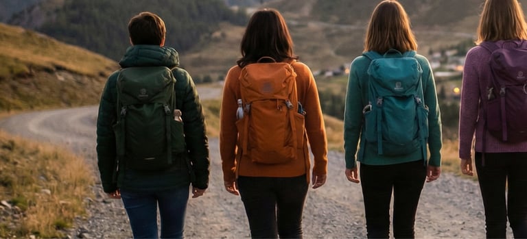 Four women with backpacks walk along a gravel road through rolling hills at dusk, seen from behind.