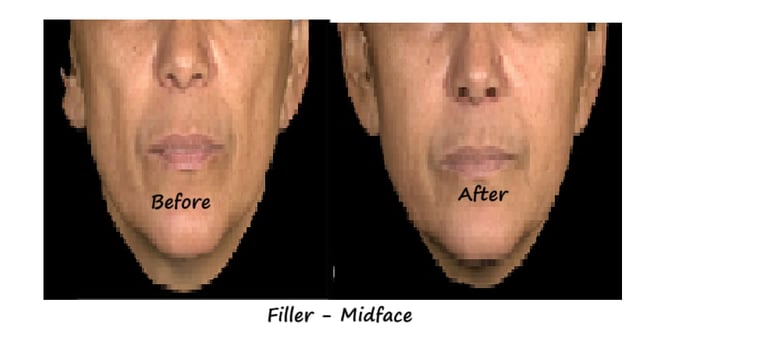 Before & after image fillers cheeks – restored volume, improved contour and natural fullness.