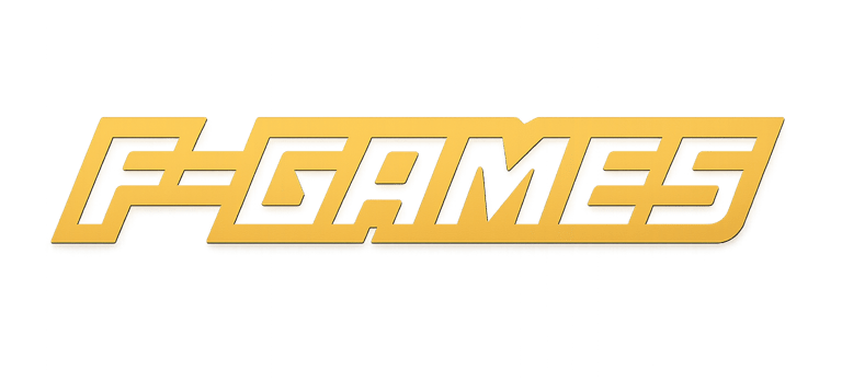 a yellow and black logo on a gray background that say F-Games