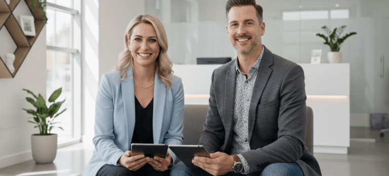 Un hombre y una mujer sonrientes, ambos sentados y sosteniendo tabletas, en una recepción